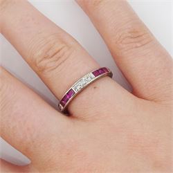 Platinum channel set, calibre cut ruby and diamond full eternity ring