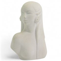 Marbell Stone Art Belgium, Art Deco-inspired bust of a female figure and another figural group, H39.5cm max (2)