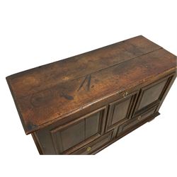 18th century oak mule chest, rectangular hinged top with moulded edge enclosing candle box, triple panelled font over two drawers with fielded panelled facias, on stile supports