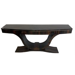 Giorgio Collection - Art Deco design macassar ebony 'Luna' console table, rectangular bow-front top with cross-banding and sun-burst veneer, fitted with single drawer, raised on a curved U-shaped base, retailed by Harrods