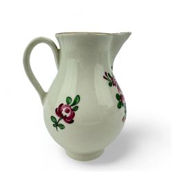 18th century Worcester sparrow beak jug, hand painted in polychrome enamels with floral bouquets and sprig within pink scale borders, with ribbed loop handle, H10cm