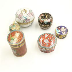 Cloisonne trinket boxes, pewter covered box, shell and gilt brass box, compact etc in one box