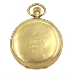Early 20th century 9ct gold open face keyless lever pocket watch by J. W. Benson, London, white enamel dial with Roman numerals and subsidiary seconds dial, in original velvet and silk lined case