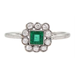 Art Deco platinum milgrain set square cut emerald and old cut diamond cluster ring, emerald approx 0.30 carat