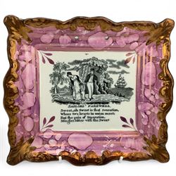 Three Victorian Sunderland lustre maritime wall plaques, each with transfer printed decoration comprising 'May Peace & Plenty on our Nation Smile and Trade with Commerce Bless the British Isle' by Dixon & Co., 'Sailors' Farewell' by Dixon & Co. and 'The Sailor's Return', L23.5cm max (3)