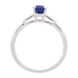 18ct white gold oval cut sapphire ring, with diamond set shoulders, hallmarked, sapphire approx 1.20 carat