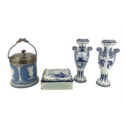 Pair of twin-handled Delft vases and square box and cover, together with a 19th century Jasperware biscuit barrel with engraved silver-plated cover and swing handle, H19cm (excluding swing handle)