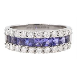 18ct white gold three row square cut tanzanite and round brilliant cut diamond half eternity ring, total diamond weight approx 0.70 carat, total tanzanite weight approx 0.95 carat