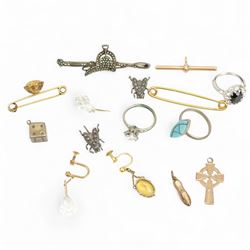 Group of jewellery, including 9ct rose gold foliate engraved Celtic cross pendant, 9ct gold T-bar, safety pin brooch stamped 9ct, shoe charm stamped 9ct, a single citrine earring a single crystal earring, orange paste brooch, marcasite saddle brooch, costume jewellery rings, etc