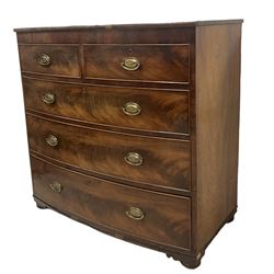 George III mahogany bow-front chest, fitted with two short over three long graduating cock-beaded drawers, on compressed bun feet