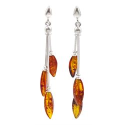 Pair of silver amber leaf pendant stud earrings, stamped 925