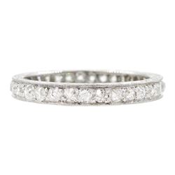 Art Deco platinum milgrain set old cut diamond full eternity ring, the sides with engraved decoration, total diamond weight approx 0.65 carat