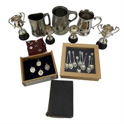 Four 1920s silver fobs, nine silver sporting spoons, six enamel badges, plated trophies etc awarded to F C Charlton and a pewter tankard engraved with all the places he served in WWII