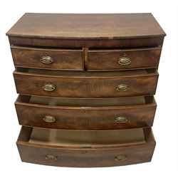 George III mahogany bow-front chest, fitted with two short over three long graduating cock-beaded drawers, on compressed bun feet