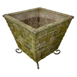 Pair of cast stone rusticated garden planters of tapering square form (38cm x 38cm, H26cm); and a similar larger planter (41cm x 41cm, H38cm)