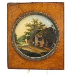 Unsigne 19th century English School circular oil on panel of a rural landscape with pony and trap in front of a thatched cottage and in maple frame D11cm