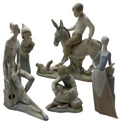 Lladro bisque figure depicting girl with rooster; and four other Spanish bisque figures including a Nao example