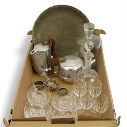 Silver serviette ring, silver plated tea strainer, early 20th century glass decanter, Picquot ware, brass charger etc in one box