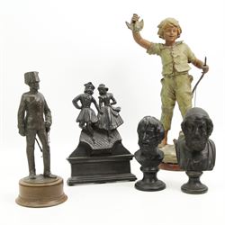 Spelter figure of a huntsman, bronzed figure of a Hussar, iron doorstop and two metal busts