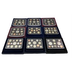 Nine United Kingdom proof coin collections, dated 2000, 2001, 2002, 2003, 2004, 2005, 2006, 2007 and 2008, all in plastic cases with card display box and certificate