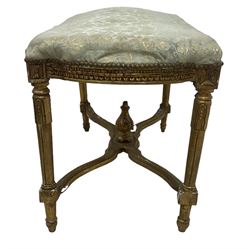 French Louis XIV design giltwood framed bench or window seat, sprung seat upholstered in pale blue foliate damask fabric with studwork border, raised on gesso moulded and carved tapering supports united by curved X-stretcher, with central acanthus carved finial