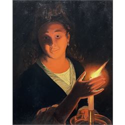 After Godfried Schalcken (Dutch 1643-1706): 'Young Girl with a Candle', oil on canvas unsigned, labelled verso 50cm x 40cm