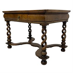 19th century William and Mary design figured walnut lamp or side table, rectangular tray top, cushion frieze fitted with single drawer, raised on open spiral turned supports united by curved x-frame stretcher, on bun feet