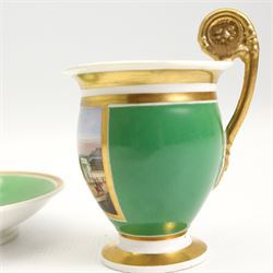 19th century French Empire design porcelain cup and saucer, the cup hand painetd with a panel, titled beneath 'Library, St Leonards, Near Hastings', against a green and gilt ground, cup H10.5cm 