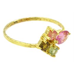 Silver-gilt pink and green tourmaline ring, stamped 925