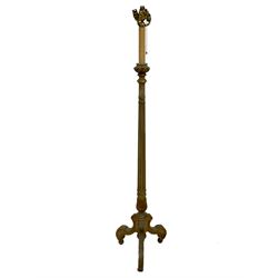 Italian design green painted and parcel gilt standard lamp, four branch fitting over fluted column, three splayed and scroll carved feet