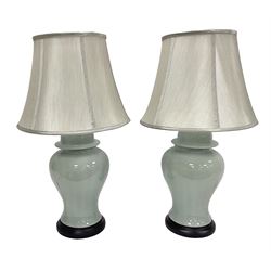 Pair of table lamps of baluster form, with a crackle glaze over an ivory ground, including shade H68cm