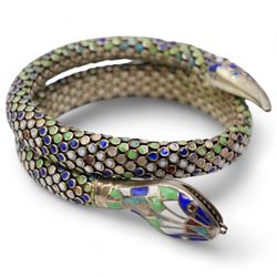 Enamelled coiled snake bangle, stamped 935, an enamelled compact on chain, marked Sterling, simulated turquoise, pearl and paste pedant, silver and enamel Mount School York brooch and other jewellery 