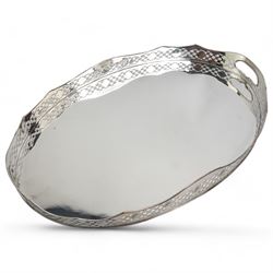 Large silver plated oval two handled galleried tray, W61.5cm, together with a silver plated serving dish and a silver mustard pot (a/f)