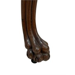 Georgian Irish mahogany dressing stool, overstuffed seat upholstered in in ivory damask fabric, the cabriole supports decorated with moulded interlacing scroll motifs with mycelium cap detail, over lobe carvings terminating to large paw feet