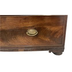 George III mahogany bow-front chest, fitted with two short over three long graduating cock-beaded drawers, on compressed bun feet