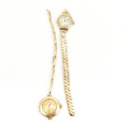 Ladies mechanical wind wrist watch, on an expanding bracelet strap, case stamped 14k, bracelet stamped 585, and a 9ct gold cased ladies mechanical wind wristwatch, on an expanding gilt stainless steel bracelet (2)