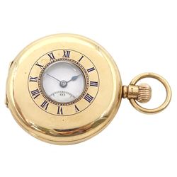 Edwardian 9ct gold half hunter keyless lever pocket watch, white enamel dial with Arabic numerals and subsidiary seconds dial, back case monogrammed, case by Dennison, Birmingham 1902