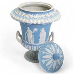 Group of five late 19th and early 20th century Wedgwood blue jasperware urn vases, H28cm and smaller (5)