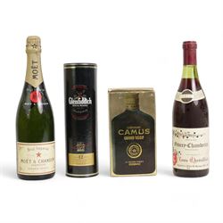 Moet & Chandon champagne, 75cl, 12%, Gevrey Chambertin Louis Chevallier 1979, 75cl, Camus Grand V.S.O.P Cognac, boxed, Glenfiddich Single Malt whisky, aged 12 years, 35cl, 40% vol, boxed, together with other wines and spirits in two boxes