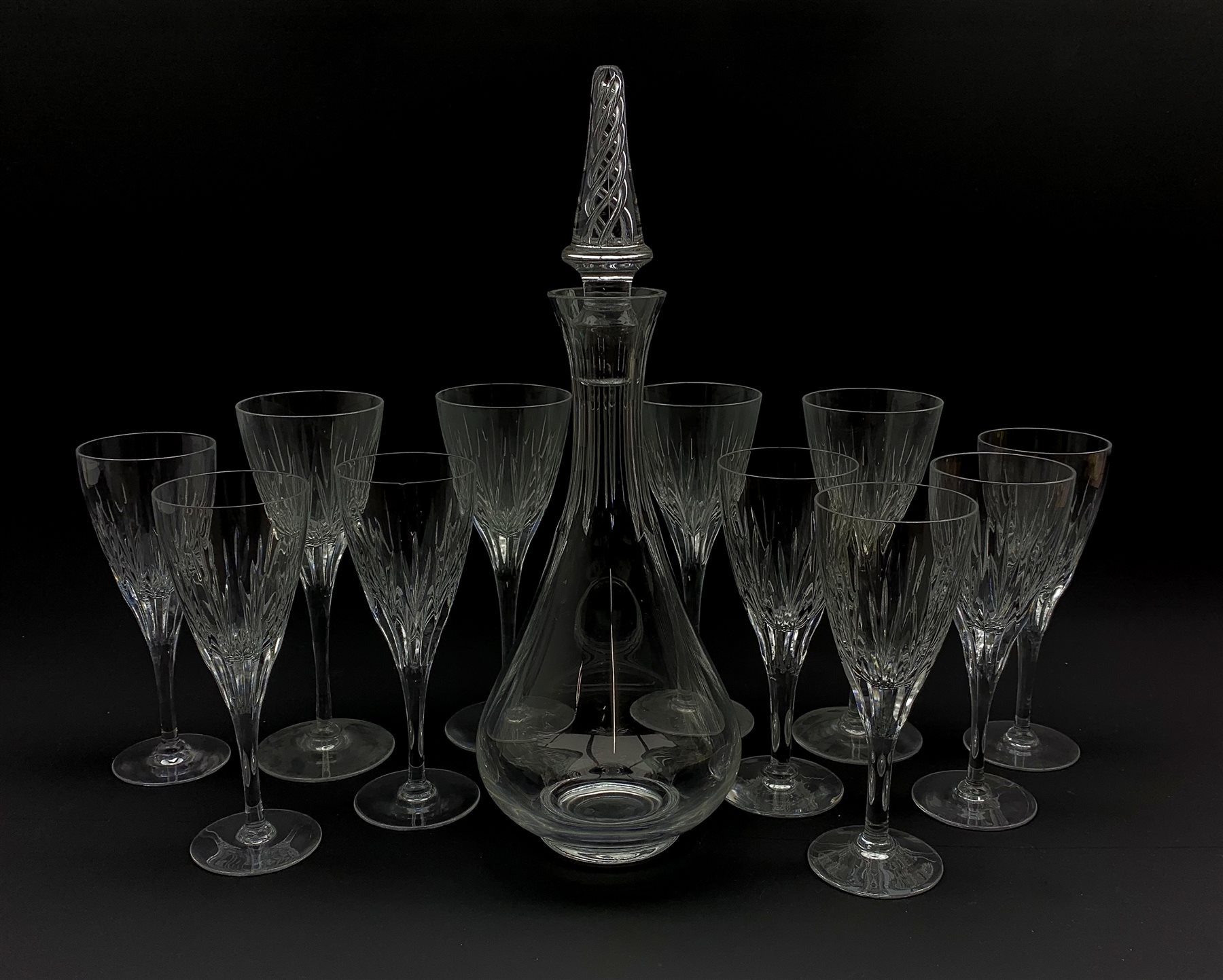 Part Suite Of Stuart Crystal Lichfield Pattern Glass Comprising Four Large Claret Glasses And Seven Smaller And A Stuart Crystal Ariel Pattern Decanter Antiques Fine Art Collectors