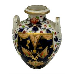 Early 19th century Derby porcelain to include a campana form inkwell, small bottle form vase, twin handled vase and flared rim vase, hand painted with a landscape scene, H10cm (4)