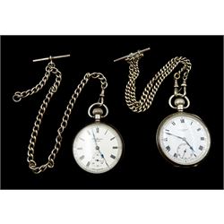 Early 20th century silver open face lever pocket watch by J. W. Benson, Birmingham 1934 and a later silver open face lever pocket watch by the same hand, Birmingham 1955, both with white dials and subsidiary seconds dial and with silver Albert chains