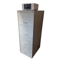 Grey metal four drawer filing cabinet and Sentry firesafe 