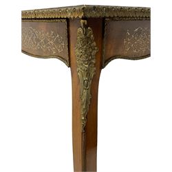 In the manner of Émile Gallé - late 19th to early 20th century inlaid walnut side table, rectangular top inlaid with Japonisme decoration depicting birds within trees, figured crossbanding and cast gilt foliate applied edge, single frieze drawer inlaid with scrolling brass work, on cabriole supports with ornate floral mounts