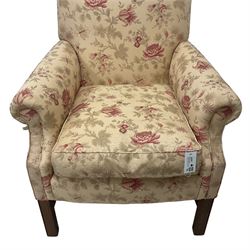 Peter Dudgeon - Georgian design mahogany framed armchair, shaped cresting rail over sprung back and seat flanked by rolled arms, upholstered in floral patterned fabric with matching seat cushion, on square supports joined by stretchers
Provenance: From the Estate of the late Dowager Lady St Oswald