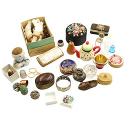 Mother of pearl mounted box, miniature silver plated Jersey milk jug, thimbles, novelty pin cushion etc in one box